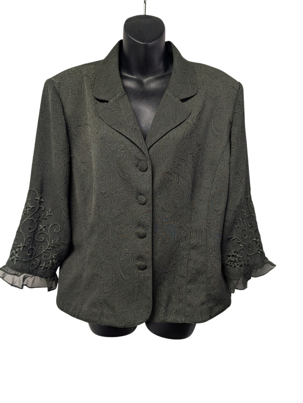 Plaza South Size 16 Green Paisley Jacquard Blazer Embroidered Ruffle Cuffs vtg